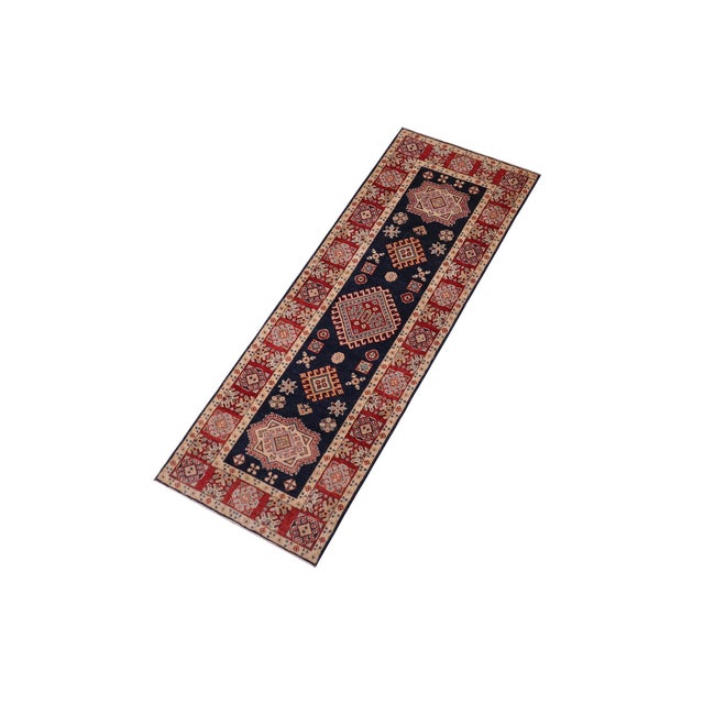 Southwestern Kazak Blue/Red Wool Runner Rug- 2'6''x9'7'' For Sale - Image 10 of 10