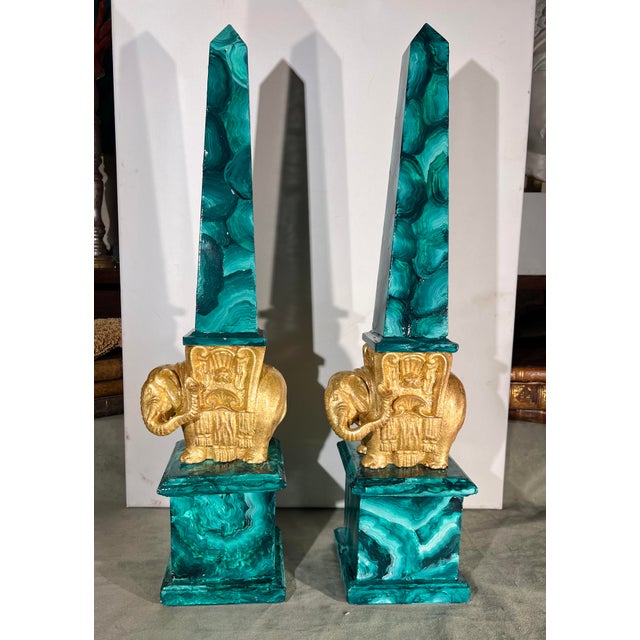 Pair of Grand Tour Faux Malachite Hand Painted & Gilded Obelisks of Minerva For Sale - Image 10 of 13