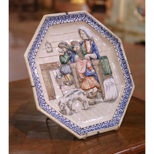 French 19th Century French Hb Quimper Faience Octagonal Wall Platter or Serving Tray For Sale - Image 3 of 10