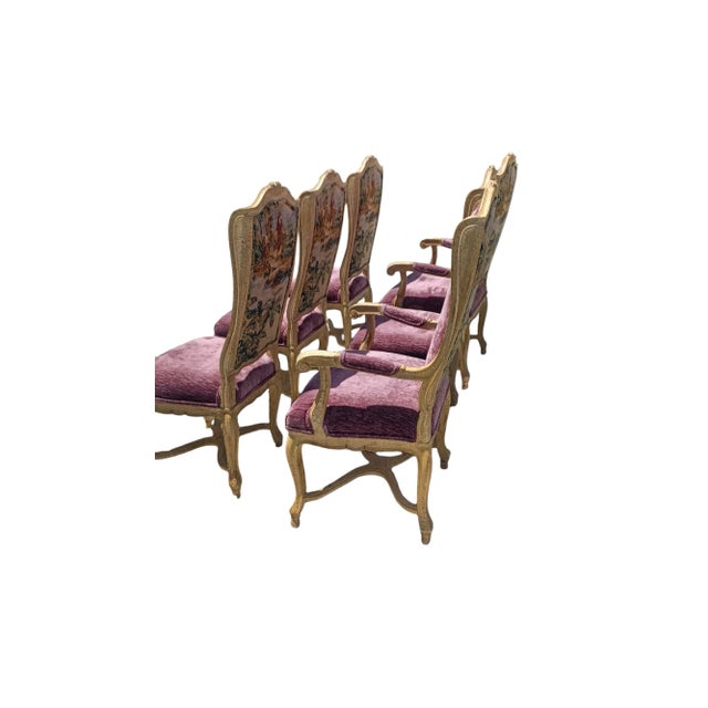 1980s Vintage Set of 6 Upholstered Dining Chairs With Village Scene For Sale - Image 5 of 6