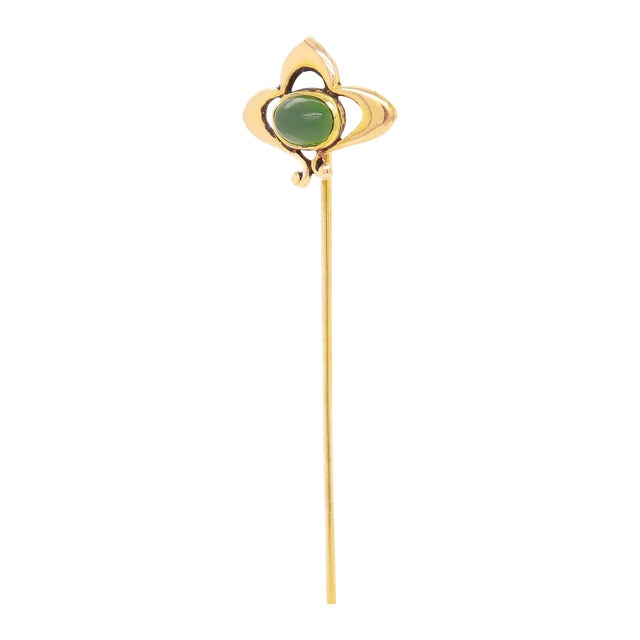 Antique Art Nouveau 14k Gold & Jade Green Glass Stickpin For Sale
