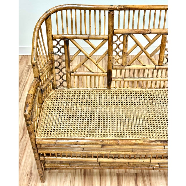 Vintage Brighton Pavilion Style Chippendale Bamboo Caned Seat Bench Settee For Sale - Image 9 of 11