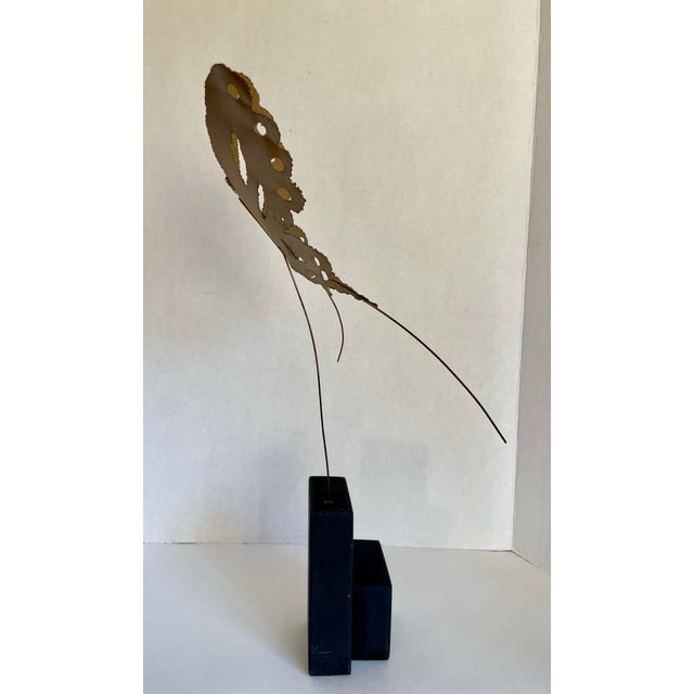 Wood 1970s Brutalist Torch Cut Butterfly Sculpture on Wood Base For Sale - Image 7 of 10