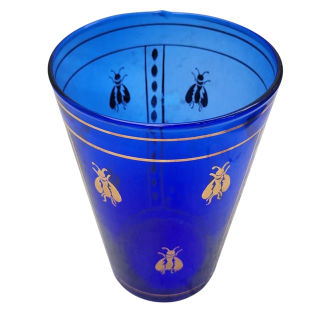 Art Deco Vintage Boho Mid Century Hand Blown Cobalt Blue Glass Vase With Gold Honey Bee Accents For Sale - Image 3 of 18