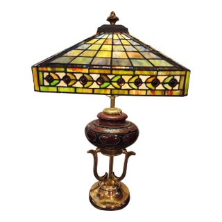 1970s Unique Mission Style Stained Glass Lamp With Pyramid Shade For Sale