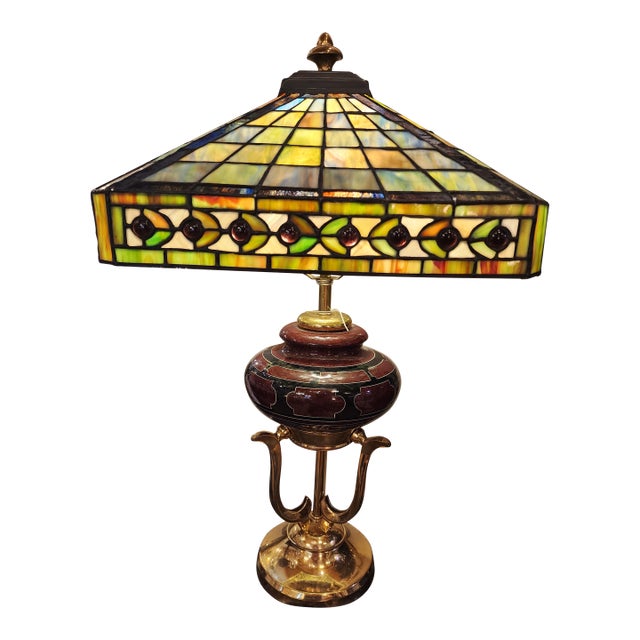 1970s Unique Mission Style Stained Glass Lamp With Pyramid Shade For Sale