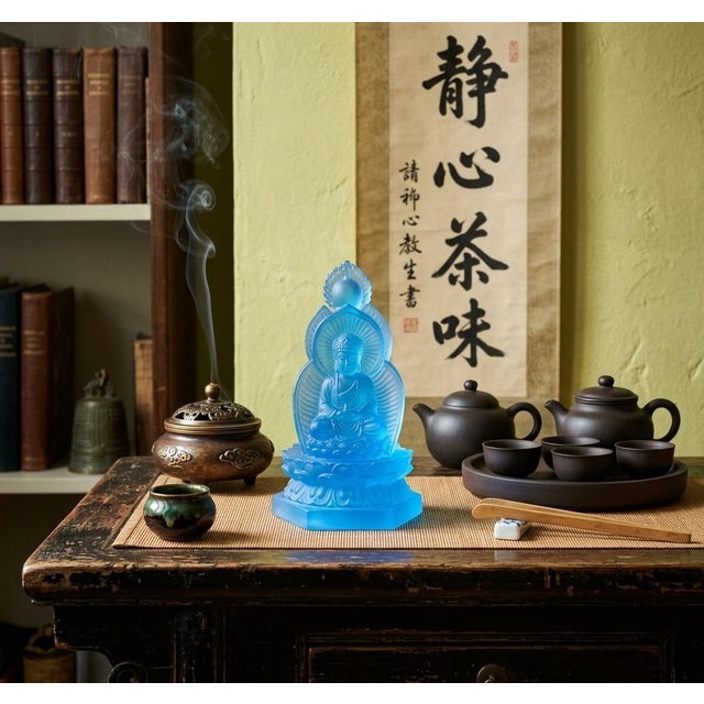 Blue Frosted Crystal Glass Lotus Base 3 Sides Bodhisattva Sanbao Figure For Sale - Image 4 of 13