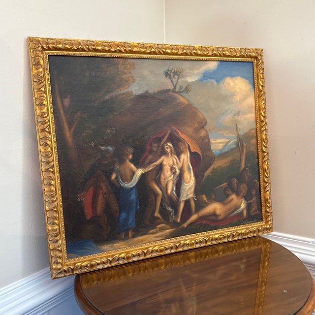 Wood Vintage Old Style Oil Painting Nude Figurative Mythological Scene Gilt Frame For Sale - Image 7 of 11