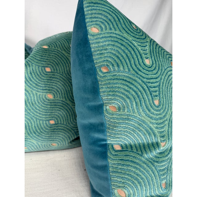 Transitional S. Harris "Airstream Velvet" in Juniper 22" Pillows-a Pair For Sale - Image 3 of 3