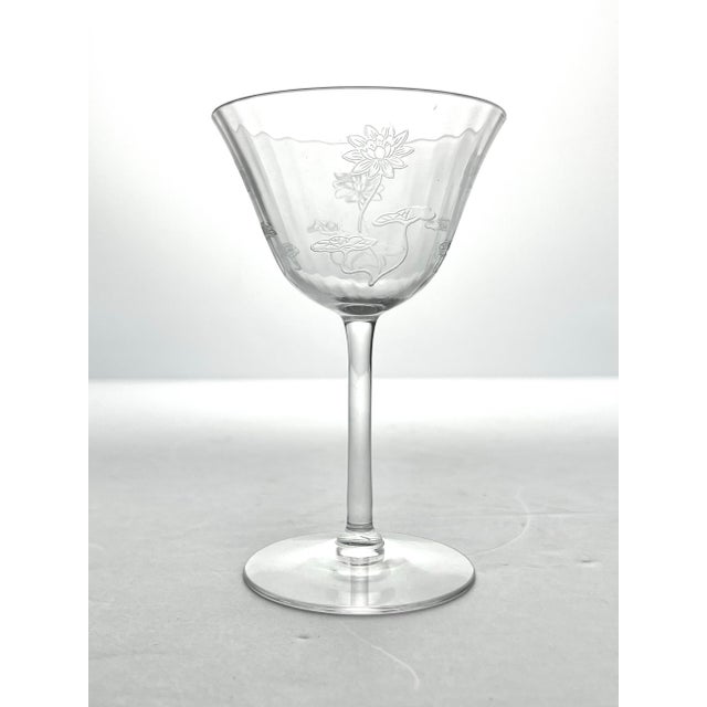 Fostoria 1910s Antique Fostoria “Lotus” 5 Etched Optic Cordial Wine Glasses For Sale - Image 4 of 5