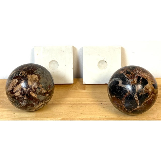 Pair Italian Grand Tour Style Brecciated Specimen Marble Spheres Carrara Bases For Sale - Image 12 of 14