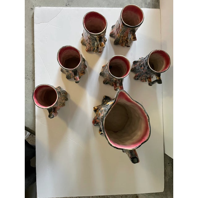 1960s Vintage Faux Bois Majolica Pitcher & Mug Set- 7 Pieces For Sale - Image 5 of 13