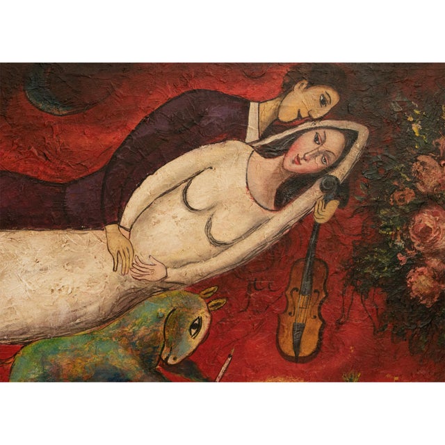 Extra large striking vintage painting "Flight" by unknown artist, manner of Chagall. Multimedia on canvas. Antique...