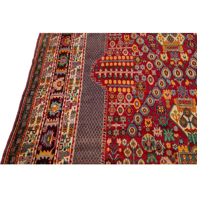 Red Vintage Handmade Shiraz Red Geometric Wool Rug 6'8" X 9'9" For Sale - Image 8 of 10