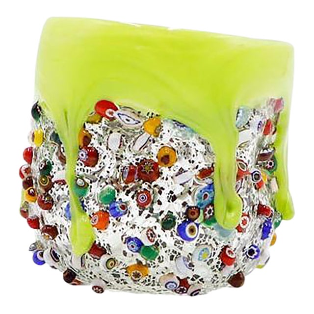 Millefiori Glass Tumbler, Dimpled Crumpled Glass Beaker, Neon Green For Sale