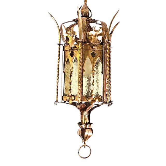 Spanish Revival Brass Lantern With Amber Glass Panels – Addison Mizner Gothic Mediterranean Pendant Light For Sale In San Francisco - Image 6 of 15