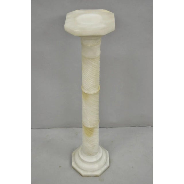 Neoclassical Antique Italian Neoclassical Carved Alabaster Spiral Column Narrow Pedestal For Sale - Image 3 of 12