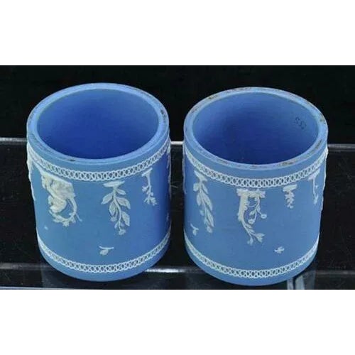 18th Century Antique 18th Century Light Blue Jasperware Column Pedestal Form Display Bases With White Sprigging - Set of 2 For Sale - Image 5 of 11