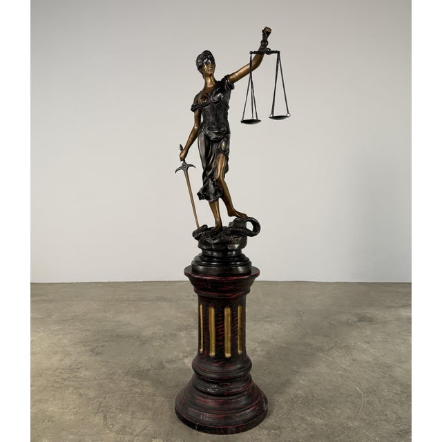 Bronze Lady Justice Sculpture – Blindfolded Justitia With Scales & Sword, 29” Tall For Sale In Dallas - Image 6 of 13