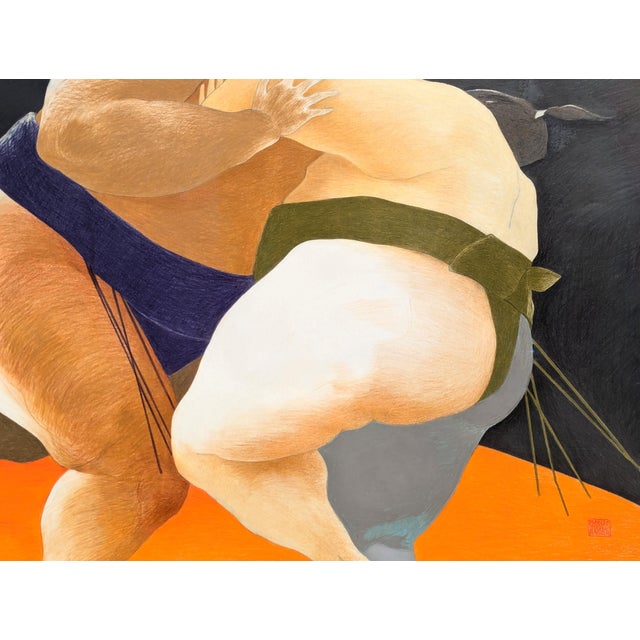 Modern pastel drawing of a pair of sumo wrestlers in the middle of a match wearing green and blue mawashi set against an...