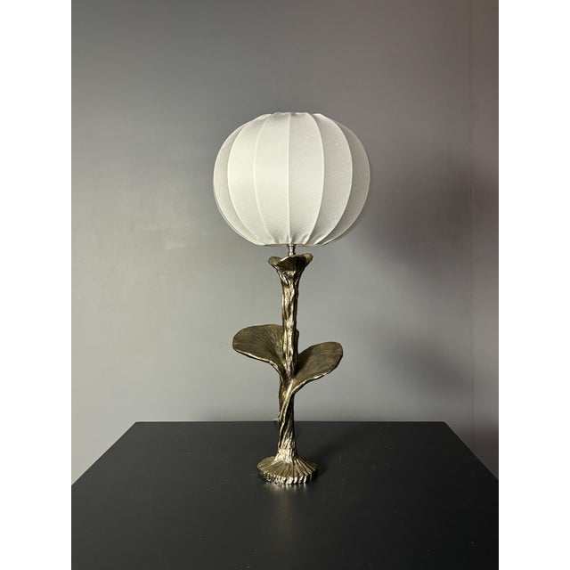 Brass Silver Flower Lamp with Cocoon Fabric Shade, 1980s For Sale - Image 11 of 11