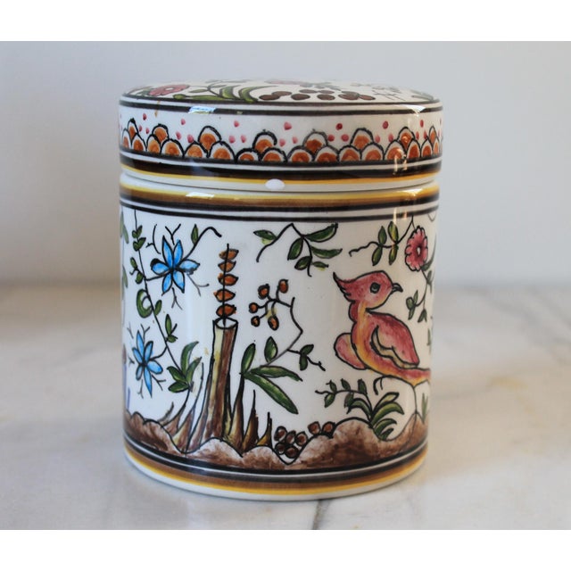 Vintage Hand-Painted Portuguese Ceramic Canister or Trinket Pot For Sale In Milwaukee - Image 6 of 10