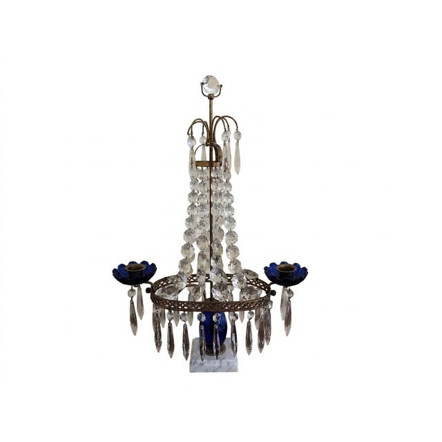 Early 20th Century Gustavian Crystal Girandole With Cobalt Glass and Marble For Sale