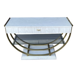 Mid 20th Century Thomasville White Pickled Oak Finish Brass U Shape Base Console Table For Sale