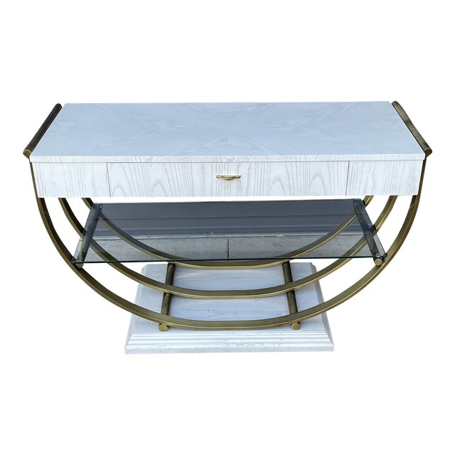 Mid 20th Century Thomasville White Pickled Oak Finish Brass U Shape