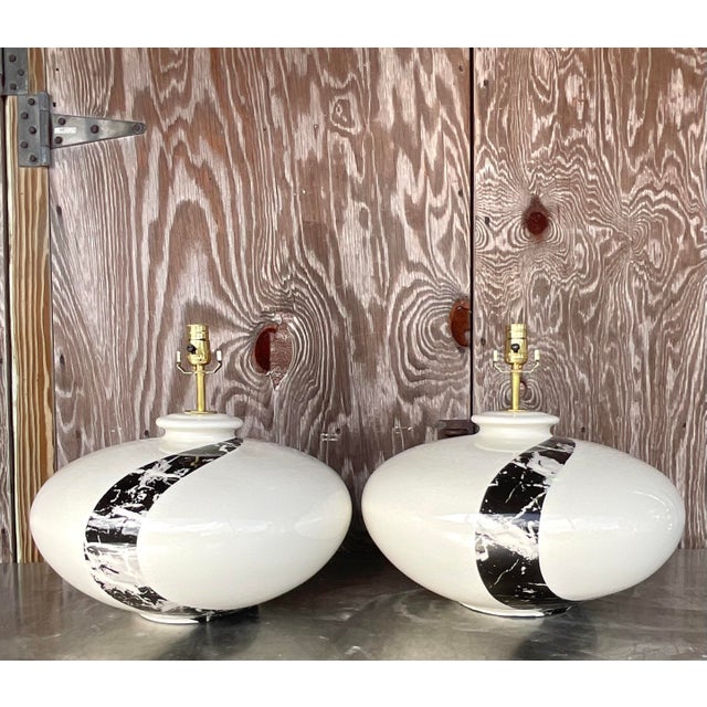 1980s Vintage Boho Glazed Ceramic Marble Slash Lamps - a Pair For Sale - Image 5 of 8