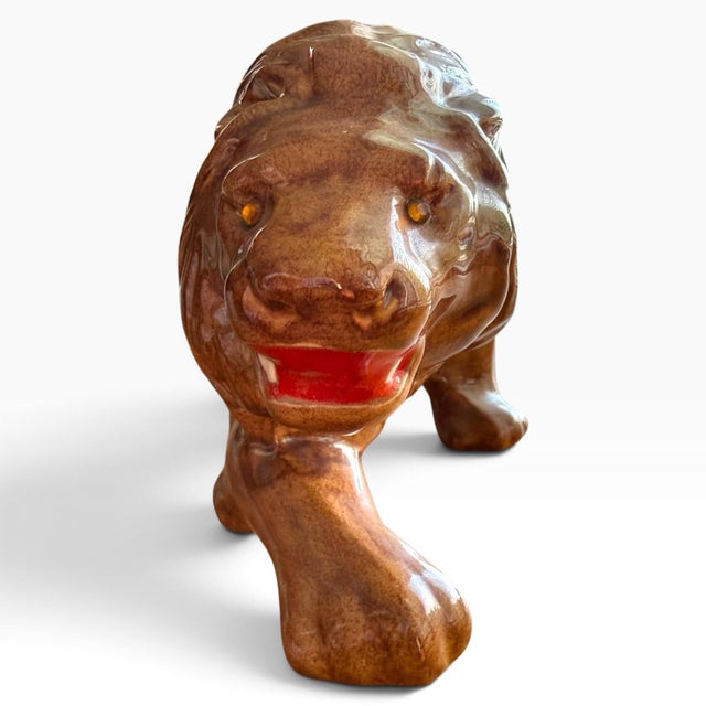 Mid-Century Modern Vintage Glazed Ceramic Lion Sculpture, Reclining Big Cat For Sale - Image 3 of 7