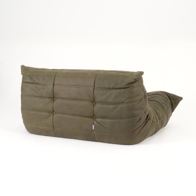 2000 - 2009 Togo Loveseat in Stone Olive Leather - Vintage Ligne Roset Sofa, Restored For Sale - Image 5 of 12