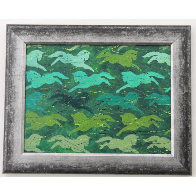 An elegant Sea Horse silhouette from Mythology in shades of army , forest, lime greens with a textured background....
