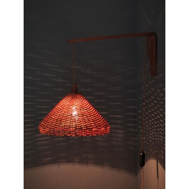 Czechoslovak Rattan and Wood Swing Arm Wall Lamp, 1960s For Sale - Image 3 of 13