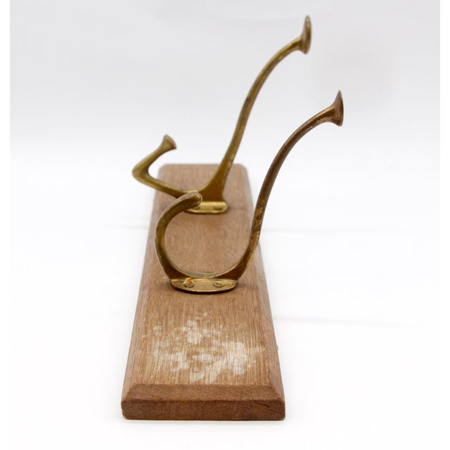 European Vintage Brass Hook Rack on Wooden Plank For Sale - Image 9 of 10