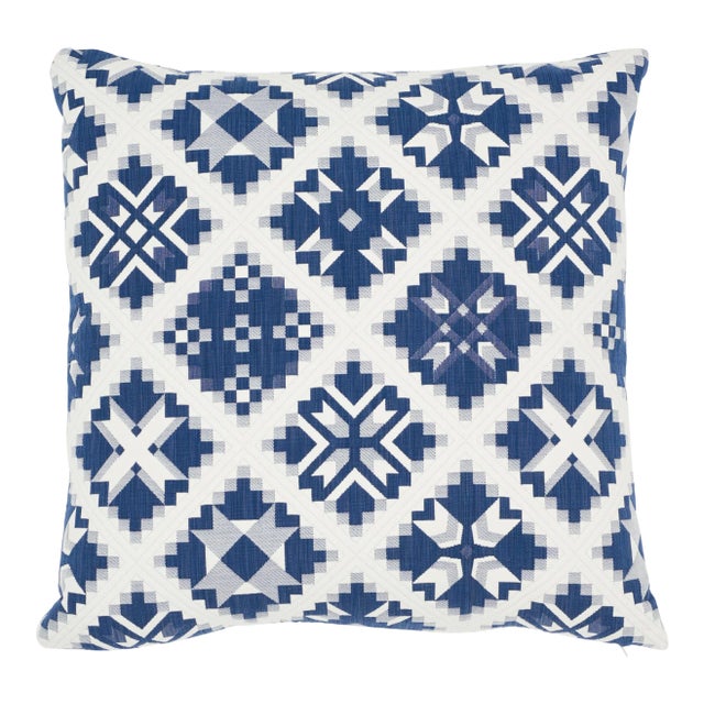 Schumacher Tristan Patchwork 22" Pillow in Indigo For Sale