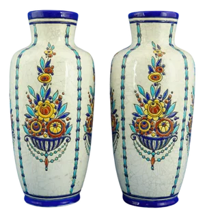 Large Art Deco Ceramic Vases with Floral Relief Decor by Charles Catteau for Boch Frérès, Belgium, 1920s, Set of 2