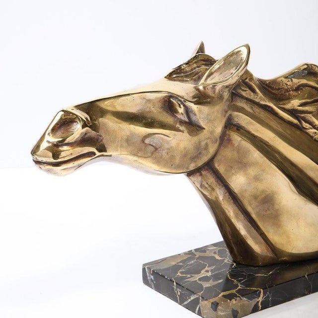 Art Deco Stylized Stallion Sculpture in Brass on Black Portoro Marble Base For Sale - Image 4 of 12