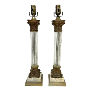 Vintage Hollywood Regency Glass, Marble, and Bronze Column Lamps- a Pair
