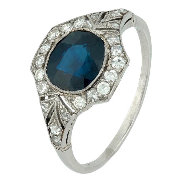 1930s Art Deco Gia 2.00 Carat Sapphire Diamond Platinum Ring, Size 6.25 For Sale