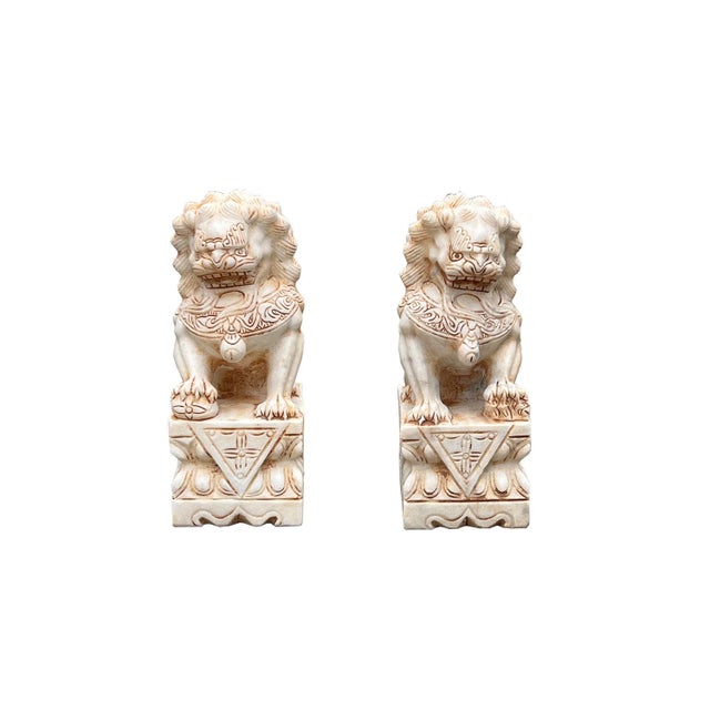 Stone Chinese Small Pair Cream White Marble Stone Fengshui Foo Dogs Statues For Sale - Image 7 of 7