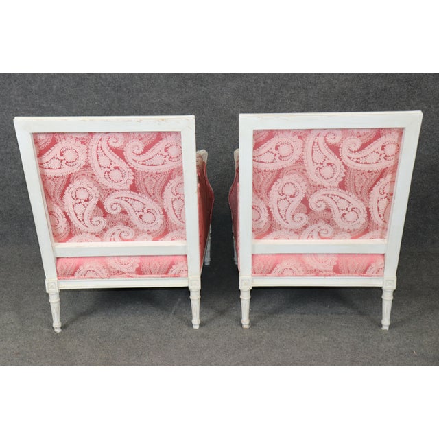 French 1950's Pair Beautifully Tailored French Louis XVI Style Painted Bergere Chairs For Sale - Image 3 of 9