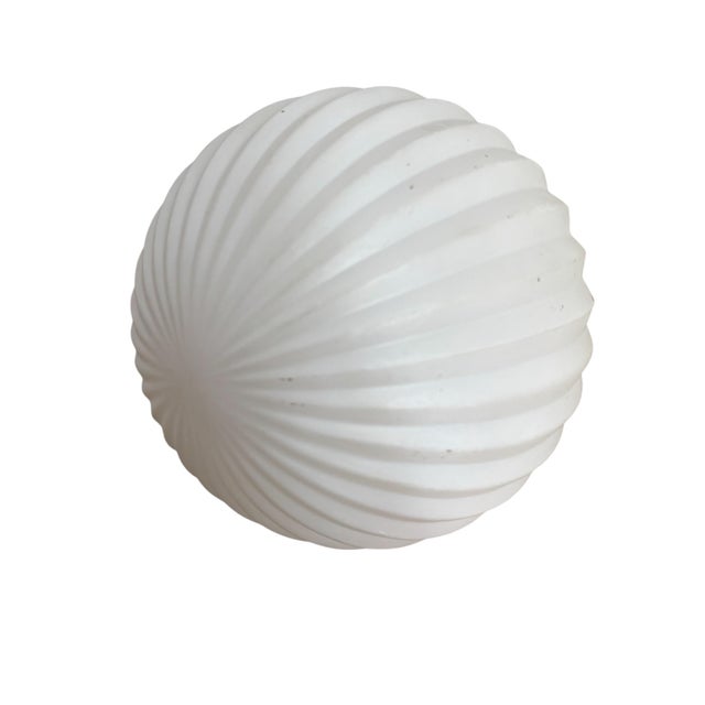 1950s Art Deco MCM Brass Gold Ribbed Round Frosted White Globe Pendant Lights Fixtures - A Pair For Sale - Image 10 of 12