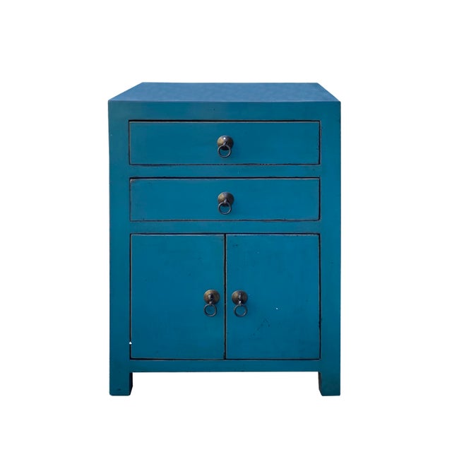 1990s Oriental Distressed Bold Bolection Blue 2 Drawers End Table Nightstand For Sale - Image 5 of 6