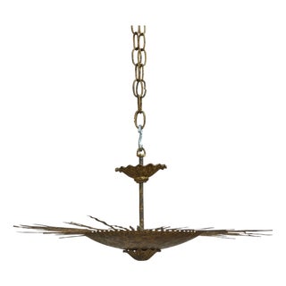 Mid 20th Century Spanish Midcentury Gilt Metal Sunburst Chandelier with Wavy Rays For Sale