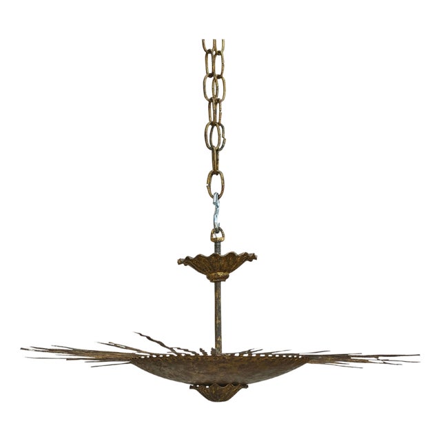 Mid 20th Century Spanish Midcentury Gilt Metal Sunburst Chandelier with Wavy Rays For Sale