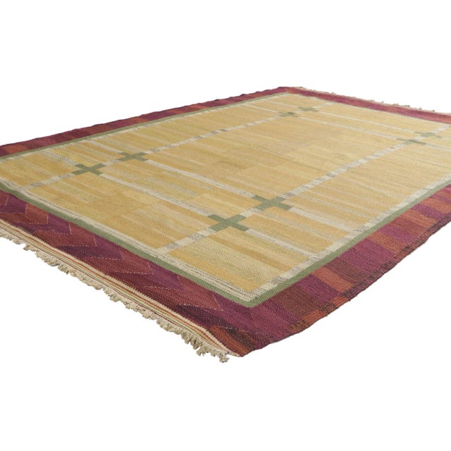 78488 Vintage Swedish Kilim Rollakan Rug, 04'07 x 06'09. Emanating Scandinavian Modern design with incredible detail and...