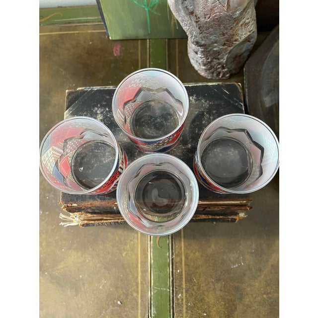 1970s Vintage Cora Red and Blue Patchwork Lowball Whiskey Glasses - Set of Four (4) For Sale - Image 5 of 7