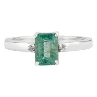 Natural Emerald and Diamond Engagement Ring in 925 Silver Size 8.5 For Sale