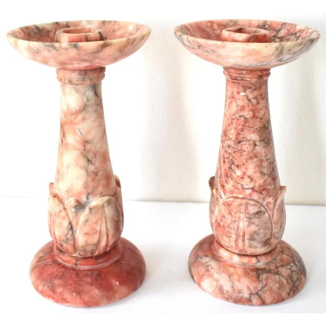 Pair of Vintage Italian Carved Griotte Marble Candlesticks For Sale - Image 12 of 13
